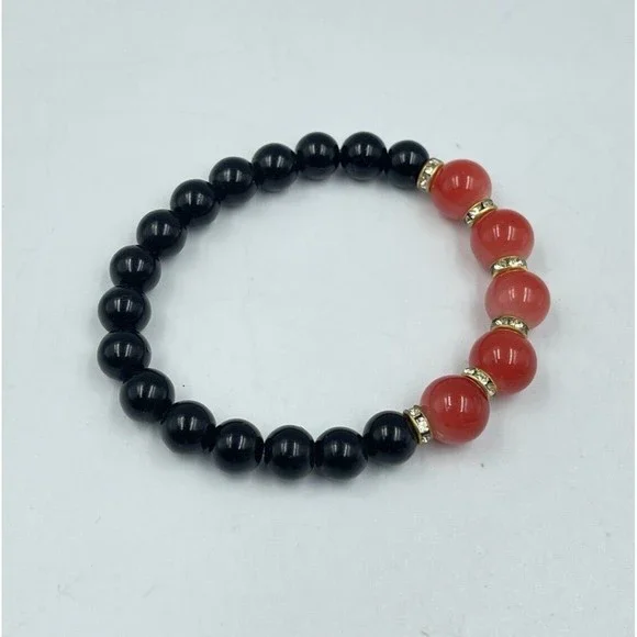 Women Bead Bracelet Elastic Black And Red - Picture 4 of 8